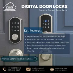 This graphic details the key features of my digital door lock installations. They provide keyless entry via PINs or apps, use advanced encryption for security, and allow for remote locking and unlocking through your mobile device.