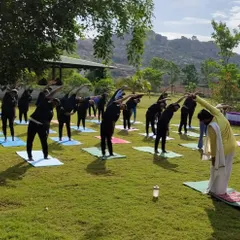 A group practices Tadasana (Mountain Pose) with side stretches on the lawn. This foundational pose helps improve posture and create a sense of groundedness, especially when practiced outdoors.