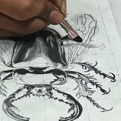 Look at the detail in this crab and beetle hybrid sketch. We focus on combining different elements to create imaginative creatures, pushing students to think about anatomy and texture in new ways.