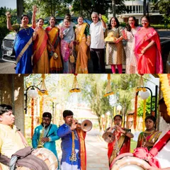 A collage showing the bride's family welcoming her with traditional music and joyful smiles.