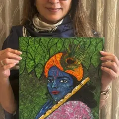 A beautiful portrait of Krishna with his flute, created with a textured knife painting technique. The artist poured her devotion into this piece, and the result is a painting that feels both peaceful and powerful.