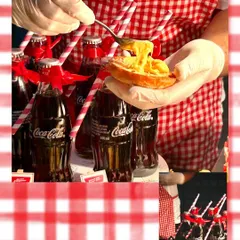 A fun, retro-themed collage showcasing our burger station. The image includes a chef adding cheese to a waffle, emphasizing the creative and indulgent options available beyond the classic burger.
