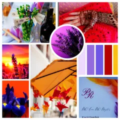 A mood board for a Mehendi ceremony, bursting with the festive energy of lavender, red, and yellow. A color palette is the first step in telling the story of your event's vibe.