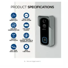 This specification sheet details the features of the Ozone WDB Video Doorbell. Key functions include wire-free installation, a Full HD 1080p camera, a 145-degree wide-angle view, and compatibility with Google Nest and the OzoLife mobile app.