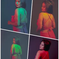 Another creative collage from the same shoot, playing with different color combinations like green, red, and purple.