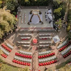 An aerial view of our Sabyasachi-inspired wedding design. The amphitheater seating created an intimate setting, ensuring every guest had a perfect view of the spectacular mandap.
