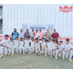 The full U-14 squad posing with officials after being crowned champions at the MCA-approved Dronacharya Ramakant Achrekar tournament.