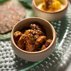 A close-up of one of the savory dishes from our Navratri Thali. Each item is thoughtfully prepared to be both delicious and appropriate for the festive period.