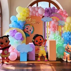 We bring the world of Cocomelon to life with vibrant colors and beloved characters. This setup for Adhrish's first birthday features a full cast of character cutouts, a rainbow balloon arch, and multiple themed backdrops to create a truly immersive and playful environment for the little ones.