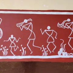 A detailed section of the school mural border. This panel shows a festive procession with figures playing traditional instruments like the tarpa, capturing the spirit of celebration in simple geometric shapes.
