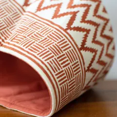 A close-up look at the beautiful block-printed fabric and sturdy construction of my multipurpose planter baskets. The inner lining adds durability and form.