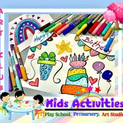 A birthday card in the making. This colorful drawing, filled with cake, presents, and rainbows, showcases the joy and creativity that our Art Club inspires. We teach kids to use markers and pens to create vibrant, personal artwork.