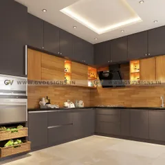 This L-shaped kitchen design combines dark grey cabinets with a natural wood texture for a modern, sophisticated look. The layout includes a tall unit for built-in appliances, wicker baskets for vegetable storage, and open wall units for display.