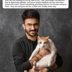 A classic studio portrait with a dark, textured backdrop that really makes the subjects pop. The man's story about the quiet companionship of his cat perfectly complements this calm, intimate image.