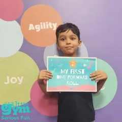 Another milestone achieved. This young champion just completed his first dive forward roll, a skill that requires courage and body control. We celebrate every step of his gymnastics journey.
