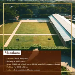 Welcome to Marakata, our expansive outdoor venue in North Bangalore. With 80,000 sqft of lush lawns and an elegant 22,000 sqft covered space, it can host up to 8,000 guests, making it perfect for large-scale concerts, festivals, and corporate family days.