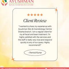 This five-star review from Parmod Kumar highlights his satisfaction as a regular client for all his facial and laser treatments. He commends the services and the nice, responsive staff.