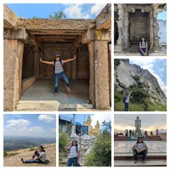 A collage showcasing the highlights of our day trip to Shivgange Hill and Mandaragiri, from exploring ancient stone structures to enjoying the sunset.
