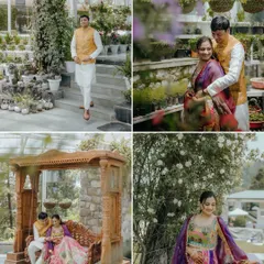 Four scenes from a picturesque Mehendi ceremony, capturing the couple's interactions and the beautiful outdoor venue. We tell a story through a series of related images.