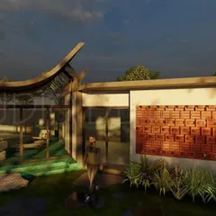 We incorporated dramatic architectural elements in this villa concept. The roof of the admin block opens up to welcome guests, while the main villa's roof subtly retreats to ensure privacy, creating a dynamic visual effect.