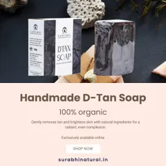 Our handmade D-Tan Soap is 100% organic and designed to gently remove tan and brighten skin. It uses natural ingredients to help you achieve a radiant, even complexion.