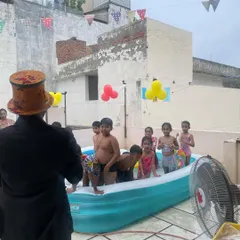 A view from behind the magician, showing the kids enjoying the pool party. We can provide entertainment for any kind of party setup.