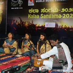 A trio of our Hindustani vocal students performs a Chota Khayal in Raag Miya Malhar at Kalaa Sangama, showcasing their training in classical performance.