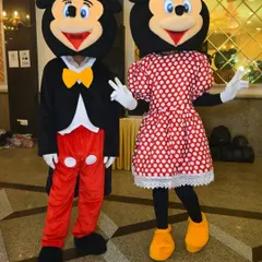 Mickey and Minnie Mouse posing for a photo. These characters bring so much joy and energy to a children's party.