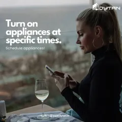 My app allows you to schedule appliances to fit your life. Here, a user is setting a schedule while enjoying a glass of wine, demonstrating how you can program your geyser, washing machine, or coffee maker to run only when you need them.