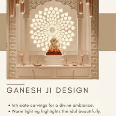 This intricate Ganesh Ji design is a true centerpiece. The backlit floral jaali panel creates a divine aura, while the built-in drawers provide discreet storage for puja essentials.