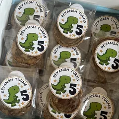 Fun and personalized party favor stickers for a 5th birthday, featuring a cute dinosaur design. We can create custom stickers for any event or theme.