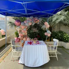 A romantic dinner for two, set up for a special birthday surprise. We arranged a private canopy, a beautifully decorated table, and a balloon backdrop to create an unforgettable, intimate celebration.