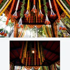 A "riot of colors" at a wedding, with a close-up of the vibrant marigold garlands decorating the mandap.