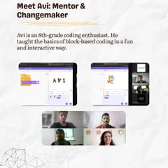 This is Avi, an 8th-grade coding enthusiast who served as a mentor in our outreach program. He taught the basics of block-based coding in a fun and interactive way to his peers.