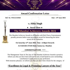 The official award confirmation letter for 'Excellence in Legal & Promising Lawyer of the Year' from The Mumbai Achievers Awards 2024. I am truly humbled by this honor.