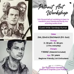 An advertisement for my Portrait Art Workshop, focusing on charcoal and graphite techniques. These courses are beginner friendly and designed for anyone over 12 years old who wants to learn how to draw realistic portraits.