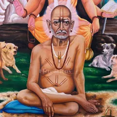 A close-up detail of the Swami Samarth painting. I focused on capturing a serene and knowing expression, with careful attention to the lines on his face and the traditional markings on his body.