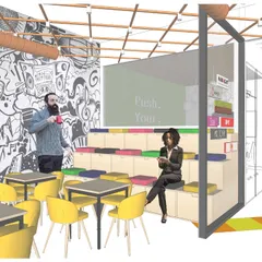 A concept render for the B-Hive 11 event space. This initial visualization shows our idea for the amphitheater-style seating and vibrant color scheme, which served as the blueprint for the final built space.