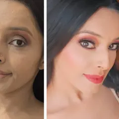 A beautiful transformation focusing on warm, rosy tones. We enhanced her eyes with a reddish-brown shadow and added a pop of color with a classic red lip for a complete party-ready look.