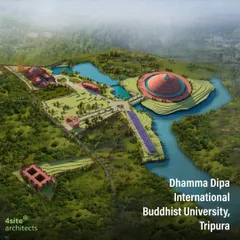 My master plan for the Dhamma Dipa International Buddhist University in Tripura, a 25-acre campus designed from a blank slate. The plan works with the site's natural contours to create a large lake, with the Dhamma Meditation Centre serving as a central, spiritual anchor for the entire development.