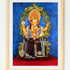 This realistic Ganesha painting, framed and ready for a new home, is a form of puja for me. Capturing the divine presence of Ganpati Bappa on a 15 by 23-inch canvas using acrylics is a meditative process.