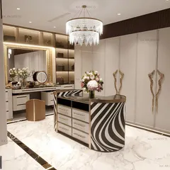 A walk-in closet designed for a master bedroom. The highlight is a unique island dresser with a bold black-and-white pattern, providing extra storage and a stylish centerpiece for the room.