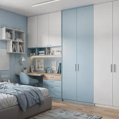 For the little dreamer, this "Blue Moon Wonder" concept features a wardrobe integrated with a study desk. The calming blue and white color scheme creates a peaceful environment for both play and rest, with plenty of storage to keep clutter at bay.