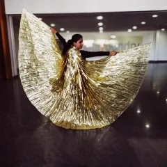 A dramatic pose with golden belly wings from our performance at the Landmark Family Fiesta. We incorporate props and stunning costumes to elevate our corporate stage shows.