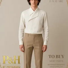 A closer view of the off-white linen shirt, highlighting the texture of the pure linen fabric and the innovative design of the designer collar.