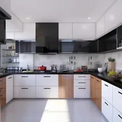 A U-shaped kitchen that maximizes counter space and storage. The two-tone design with black and white high-gloss cabinets, accented with wood, creates a modern and dynamic look.