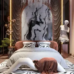 A bedroom that dares to be different. I designed this space with dramatic flair, using bold patterns, a unique art piece behind the bed, and luxurious textures to create an avant-garde and artistic retreat.