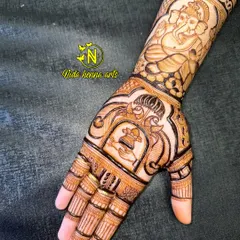 A powerful design featuring Lord Ganesha on the forearm, symbolizing blessings and the removal of obstacles. The palm has traditional motifs for a complete look.