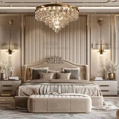 Your bedroom should be your personal sanctuary. I designed this space using a palette of soft, neutral tones, plush textures, and a magnificent crystal chandelier to create an atmosphere of pure tranquility and opulence. It’s a room designed not just for sleep, but for rest and rejuvenation.