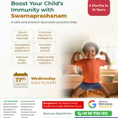 Our goal is to help your child grow up strong, healthy, and resilient. Swarnaprashanam is a key part of our pediatric wellness program, focused on building natural immunity and promoting robust physical and mental development.